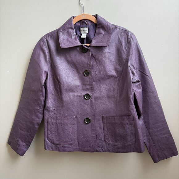 Chico’s Purple Ostrich Embossed Leather Button-Up Jacket Women's Sz 2 Large - Picture 1 of 6